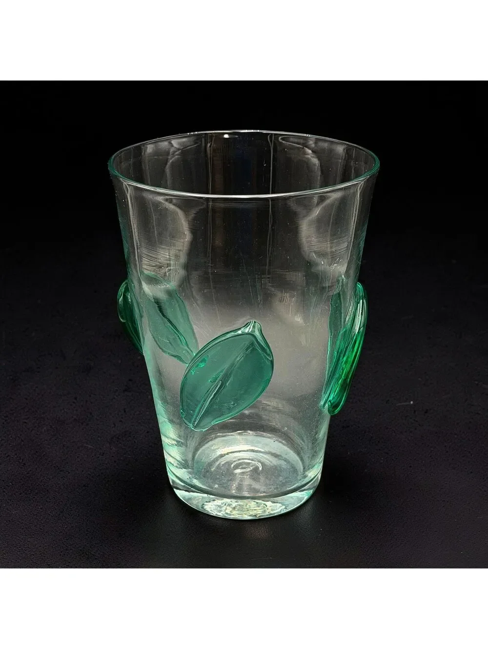 Vintage Blenko 366 Clear Glass Vase Applied Green Leaves 7.5